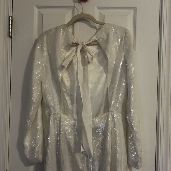 Amsale Dress Ivory White Sequin Open Back Bow Long Sleeve Sheath Mini Zip Size 6 - Picture 6 of 12